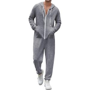 imageEkouaer Christmas Onesie Adult Hooded Zipper Mens 0nesie Pajamas Soft One Piece Pajamas for Men with PocketDeep Grey