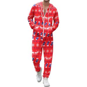 imageEkouaer Christmas Onesie Adult Hooded Zipper Mens 0nesie Pajamas Soft One Piece Pajamas for Men with PocketElk Snowflake