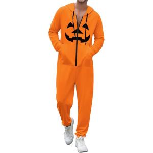 imageEkouaer Christmas Onesie Adult Hooded Zipper Mens 0nesie Pajamas Soft One Piece Pajamas for Men with PocketPumpkin