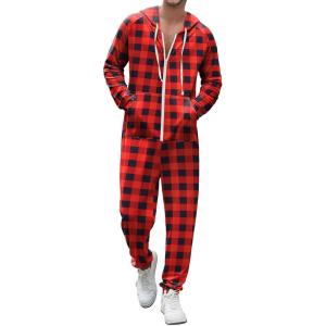 imageEkouaer Christmas Onesie Adult Hooded Zipper Mens 0nesie Pajamas Soft One Piece Pajamas for Men with PocketRed Plaid