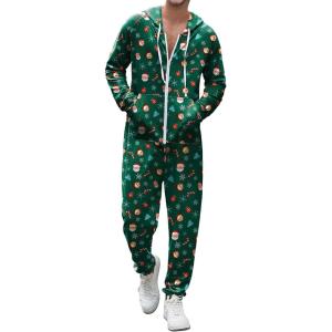 imageEkouaer Christmas Onesie Adult Hooded Zipper Mens 0nesie Pajamas Soft One Piece Pajamas for Men with PocketSanta