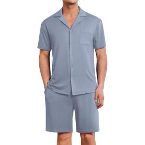 imageEkouaer Mens Pajamas Set Short Sleeve Sleepwear Button Down Soft Loungewear 2 Piece Pj Shorts Sets with PocketsGrey Blue