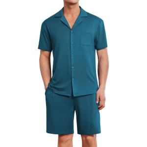 imageEkouaer Mens Pajamas Set Short Sleeve Sleepwear Button Down Soft Loungewear 2 Piece Pj Shorts Sets with PocketsOxford Blue