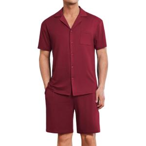 imageEkouaer Mens Pajamas Set Short Sleeve Sleepwear Button Down Soft Loungewear 2 Piece Pj Shorts Sets with PocketsWine Red