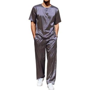 imageEkouaer Mens Silk Satin Pajama Set Short Sleeve Sleepwear Silky Loungewear with Long PantsClover