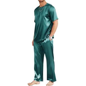 imageEkouaer Mens Silk Satin Pajama Set Short Sleeve Sleepwear Silky Loungewear with Long PantsDark Green