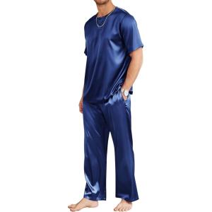 imageEkouaer Mens Silk Satin Pajama Set Short Sleeve Sleepwear Silky Loungewear with Long PantsNavy Blue