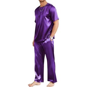 imageEkouaer Mens Silk Satin Pajama Set Short Sleeve Sleepwear Silky Loungewear with Long PantsPurple