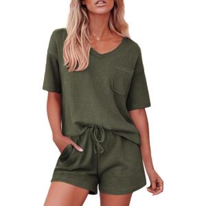imageEkouaer Pajamas for Women Waffle Knit Lounge Set 2 Piece PJS Short Sleeve Top and Shorts Matching Loungewear with PocketsArmy Green
