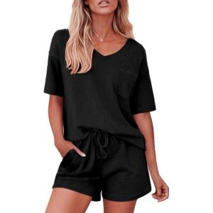 imageEkouaer Pajamas for Women Waffle Knit Lounge Set 2 Piece PJS Short Sleeve Top and Shorts Matching Loungewear with PocketsBlack