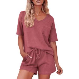 imageEkouaer Pajamas for Women Waffle Knit Lounge Set 2 Piece PJS Short Sleeve Top and Shorts Matching Loungewear with PocketsDusty Rose