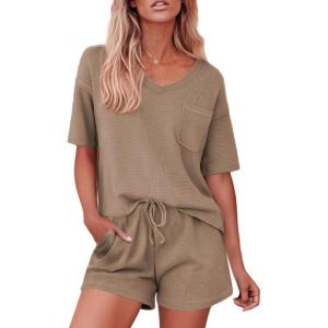 imageEkouaer Pajamas for Women Waffle Knit Lounge Set 2 Piece PJS Short Sleeve Top and Shorts Matching Loungewear with PocketsKhaki