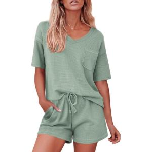 imageEkouaer Pajamas for Women Waffle Knit Lounge Set 2 Piece PJS Short Sleeve Top and Shorts Matching Loungewear with PocketsLight Green