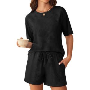imageEkouaer Ribbed Knit Lounge Set Women Pajama Set Short Sleeve Top and Shorts Set Two Piece Shorts Outfits SetBlack