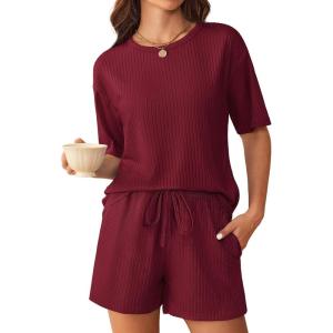 imageEkouaer Ribbed Knit Lounge Set Women Pajama Set Short Sleeve Top and Shorts Set Two Piece Shorts Outfits SetBurgundy