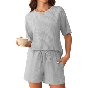 imageEkouaer Ribbed Knit Lounge Set Women Pajama Set Short Sleeve Top and Shorts Set Two Piece Shorts Outfits SetLight Gray