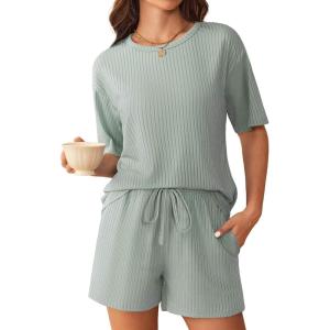 imageEkouaer Ribbed Knit Lounge Set Women Pajama Set Short Sleeve Top and Shorts Set Two Piece Shorts Outfits SetLight Green