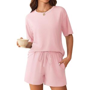 imageEkouaer Ribbed Knit Lounge Set Women Pajama Set Short Sleeve Top and Shorts Set Two Piece Shorts Outfits SetLight Pink