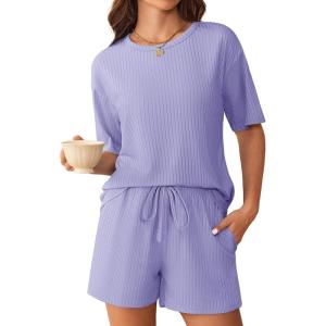 imageEkouaer Ribbed Knit Lounge Set Women Pajama Set Short Sleeve Top and Shorts Set Two Piece Shorts Outfits SetLilac