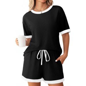 imageEkouaer Women Ribbed Knit Pajama Sets Short Sleeve Top and Shorts 2 Piece Soft Pjs Sleepwear with Pockets Lounge Sets SXXLBlack