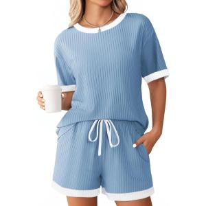 imageEkouaer Women Ribbed Knit Pajama Sets Short Sleeve Top and Shorts 2 Piece Soft Pjs Sleepwear with Pockets Lounge Sets SXXLClear Blue
