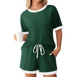 imageEkouaer Women Ribbed Knit Pajama Sets Short Sleeve Top and Shorts 2 Piece Soft Pjs Sleepwear with Pockets Lounge Sets SXXLDark Green