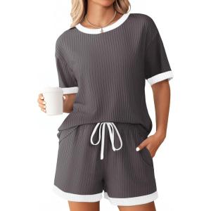 imageEkouaer Women Ribbed Knit Pajama Sets Short Sleeve Top and Shorts 2 Piece Soft Pjs Sleepwear with Pockets Lounge Sets SXXLDark Grey