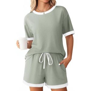 imageEkouaer Women Ribbed Knit Pajama Sets Short Sleeve Top and Shorts 2 Piece Soft Pjs Sleepwear with Pockets Lounge Sets SXXLLight Green