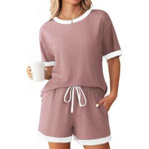 imageEkouaer Women Ribbed Knit Pajama Sets Short Sleeve Top and Shorts 2 Piece Soft Pjs Sleepwear with Pockets Lounge Sets SXXLLight Pink