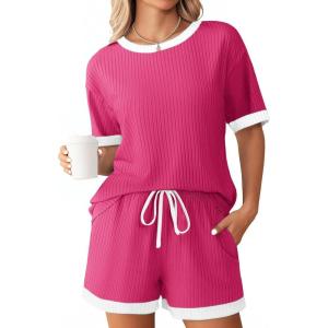 imageEkouaer Women Ribbed Knit Pajama Sets Short Sleeve Top and Shorts 2 Piece Soft Pjs Sleepwear with Pockets Lounge Sets SXXLRose Red