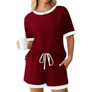 imageEkouaer Women Ribbed Knit Pajama Sets Short Sleeve Top and Shorts 2 Piece Soft Pjs Sleepwear with Pockets Lounge Sets SXXLWine Red