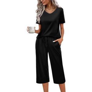 imageEkouaer Womens Pajama Set 2 Piece Cotton Pj Short Sleeve Sleepwear Top with Capri Pants Print NightwearBlack