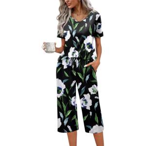 imageEkouaer Womens Pajama Set 2 Piece Cotton Pj Short Sleeve Sleepwear Top with Capri Pants Print NightwearBlack Flower