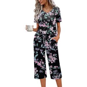 imageEkouaer Womens Pajama Set 2 Piece Cotton Pj Short Sleeve Sleepwear Top with Capri Pants Print NightwearBlack Pink Flower