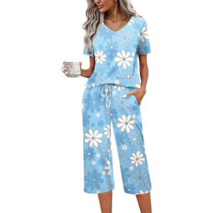 imageEkouaer Womens Pajama Set 2 Piece Cotton Pj Short Sleeve Sleepwear Top with Capri Pants Print NightwearBlue Flower