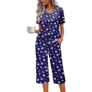 imageEkouaer Womens Pajama Set 2 Piece Cotton Pj Short Sleeve Sleepwear Top with Capri Pants Print NightwearBlue Moon