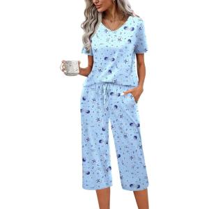 imageEkouaer Womens Pajama Set 2 Piece Cotton Pj Short Sleeve Sleepwear Top with Capri Pants Print NightwearBlue Star