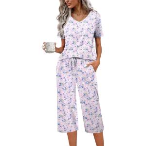 imageEkouaer Womens Pajama Set 2 Piece Cotton Pj Short Sleeve Sleepwear Top with Capri Pants Print NightwearBlue White Flower