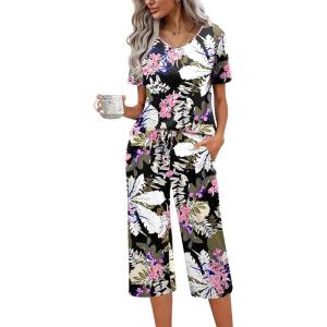 imageEkouaer Womens Pajama Set 2 Piece Cotton Pj Short Sleeve Sleepwear Top with Capri Pants Print NightwearBrown Flower