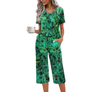 imageEkouaer Womens Pajama Set 2 Piece Cotton Pj Short Sleeve Sleepwear Top with Capri Pants Print NightwearGreen Leaves