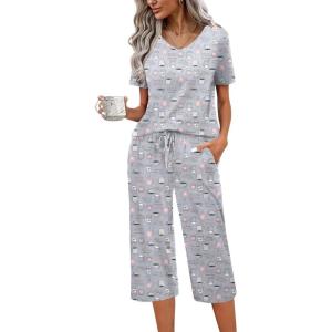 imageEkouaer Womens Pajama Set 2 Piece Cotton Pj Short Sleeve Sleepwear Top with Capri Pants Print NightwearGrey Coffee