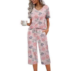 imageEkouaer Womens Pajama Set 2 Piece Cotton Pj Short Sleeve Sleepwear Top with Capri Pants Print NightwearGrey Flower