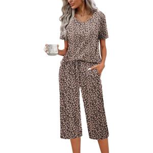 imageEkouaer Womens Pajama Set 2 Piece Cotton Pj Short Sleeve Sleepwear Top with Capri Pants Print NightwearLeopard