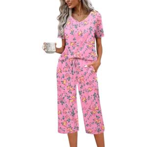 imageEkouaer Womens Pajama Set 2 Piece Cotton Pj Short Sleeve Sleepwear Top with Capri Pants Print NightwearPink Flower
