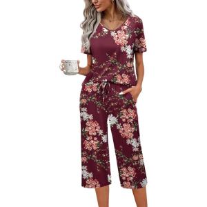 imageEkouaer Womens Pajama Set 2 Piece Cotton Pj Short Sleeve Sleepwear Top with Capri Pants Print NightwearWine Red Flower