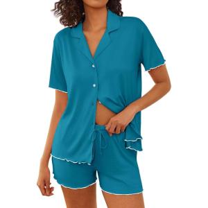 imageEkouaer Womens Pajama Sets Button Up Bride Pjs Set 2 Piece Soft Sleepwear Short Sleeve Lounge Sets with Shorts SXXLBlue Green