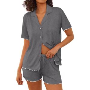 imageEkouaer Womens Pajama Sets Button Up Bride Pjs Set 2 Piece Soft Sleepwear Short Sleeve Lounge Sets with Shorts SXXLDark Grey