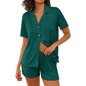 imageEkouaer Womens Pajama Sets Button Up Bride Pjs Set 2 Piece Soft Sleepwear Short Sleeve Lounge Sets with Shorts SXXLLake Green