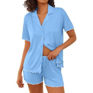 imageEkouaer Womens Pajama Sets Button Up Bride Pjs Set 2 Piece Soft Sleepwear Short Sleeve Lounge Sets with Shorts SXXLLight Blue