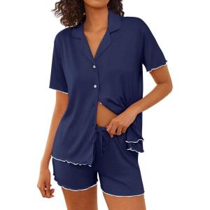 imageEkouaer Womens Pajama Sets Button Up Bride Pjs Set 2 Piece Soft Sleepwear Short Sleeve Lounge Sets with Shorts SXXLNavy Blue